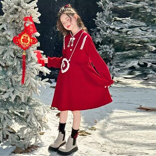 夏安若女童连衣裙秋冬新款时尚洋气公主裙儿童长袖裙子红色新年裙