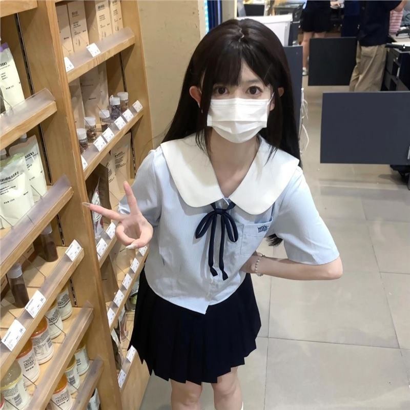 夏安若甜美清新JK制服条纹衬衫夏季jk短袖上衣百褶裙短裙套装学院