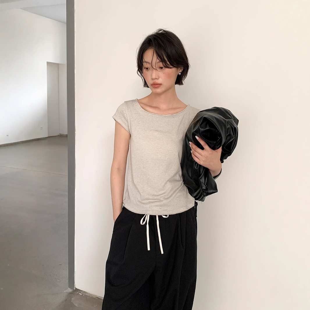 夏安若爱与南希十三行2025夏季纯色圆领透气修身棉质休闲短袖T恤