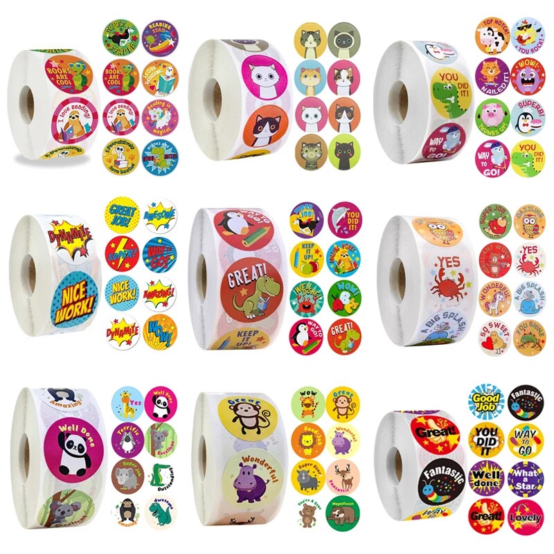 500个/卷儿童奖励贴纸8种设计图案学生卡通益智贴画可爱动物标签