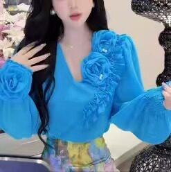 小众花朵装饰V领纯色长袖衬衫女温柔百搭上衣2026春秋韩版名媛范
