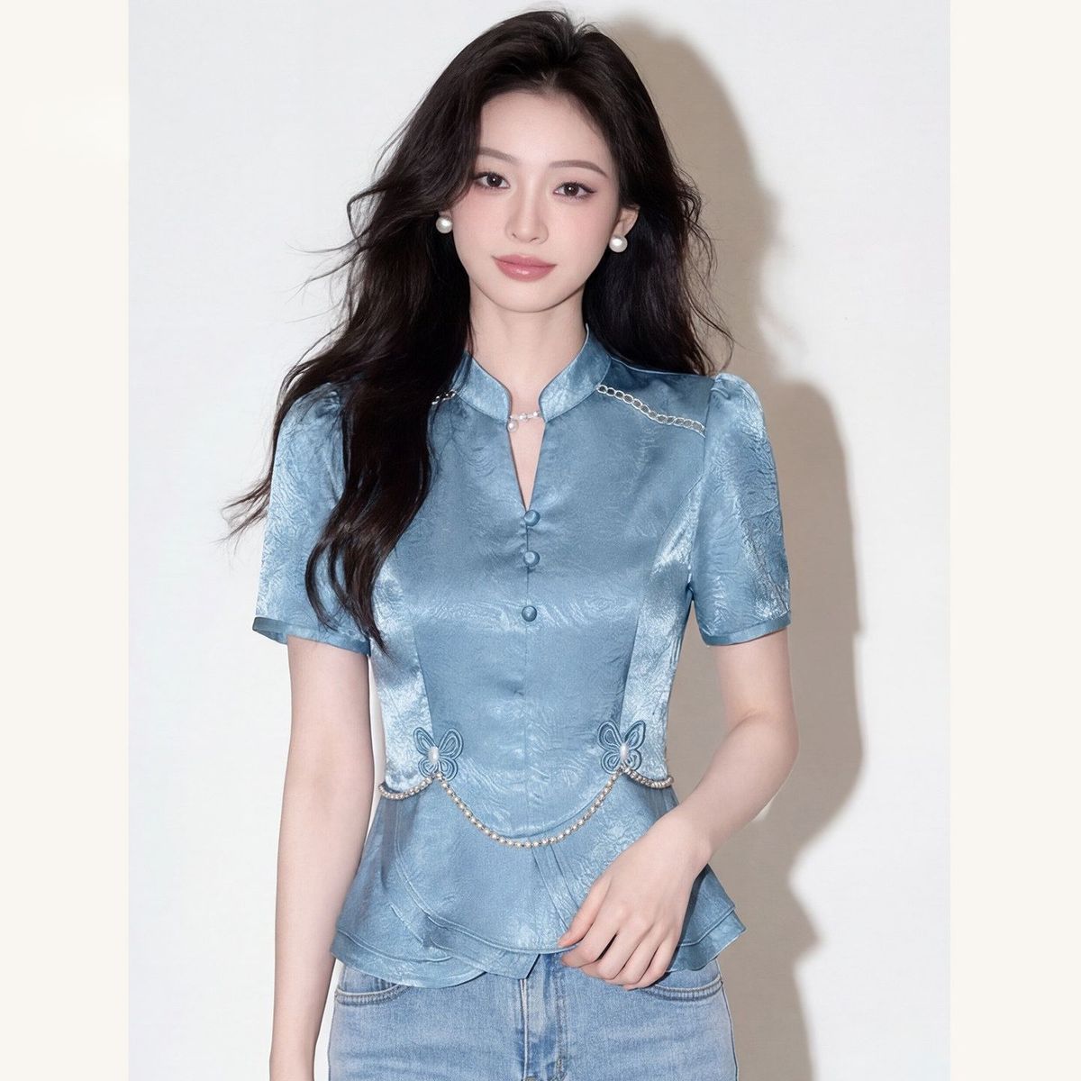 法式女人时尚衬衫蓝色短袖上衣衬衣高级感修身小衫打底衫收腰夏装