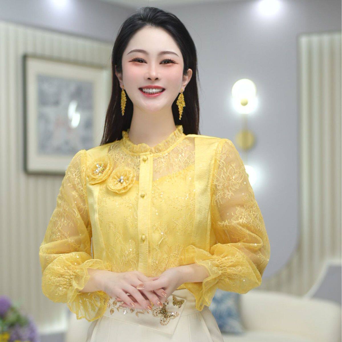 时尚蕾丝拼接绸缎绣花打底衫法式小衫女气质上衣衬衣洋气衬衫高档
