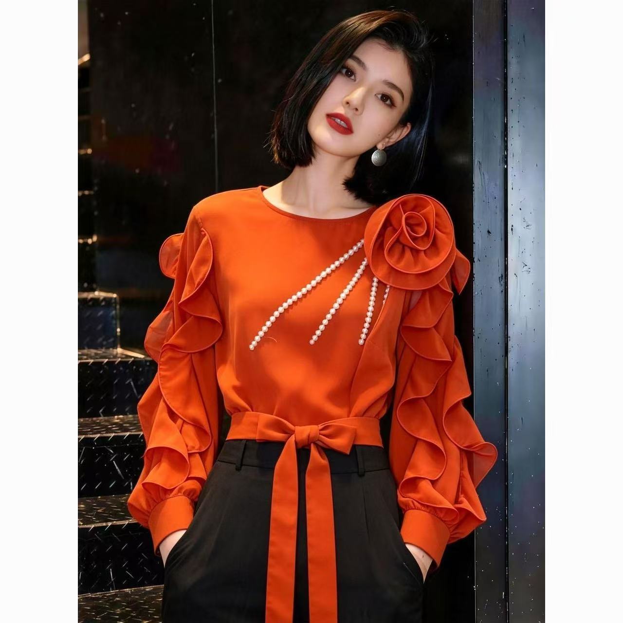 法式设计感立体玫瑰衬衣灯笼袖衬衫女26夏秋橙色收腰系带好看上衣