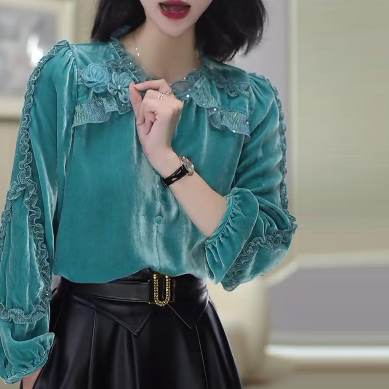 孔雀蓝长袖丝绒衬衣女2026春秋精致立花朵设计洋气衬衫大码上衣服