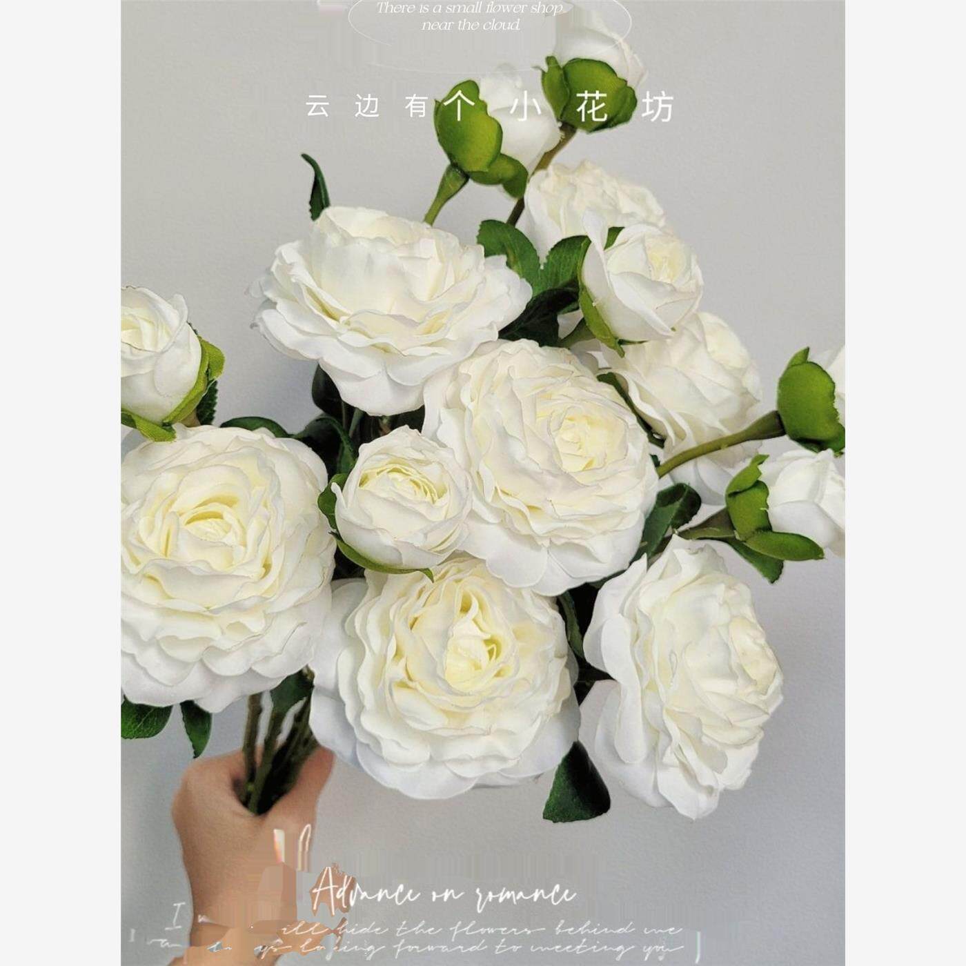 高品质茶花枝仿真山茶假花轻奢客厅主卧布艺花玫瑰多头拍照法式