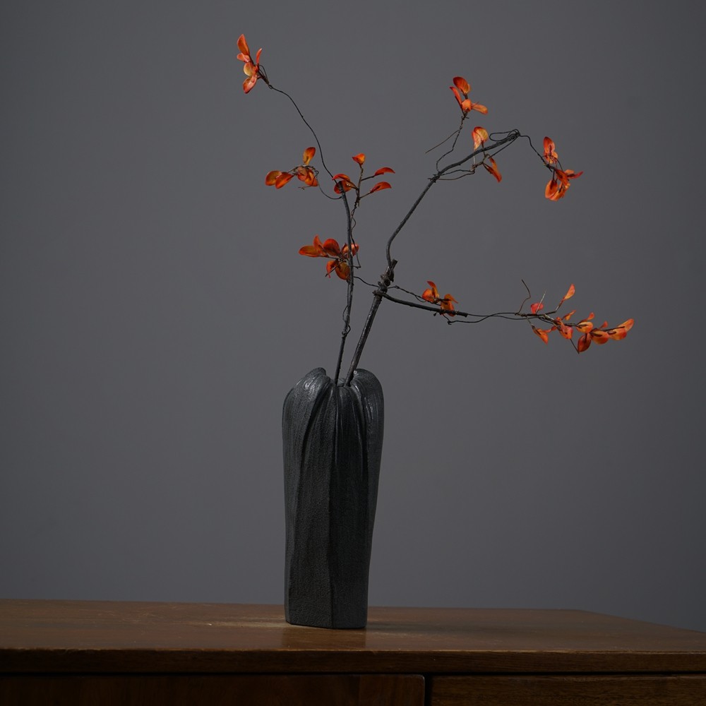 新中式天然乌金石头花瓶花器桌面摆件禅意石头插花器创意个性器皿