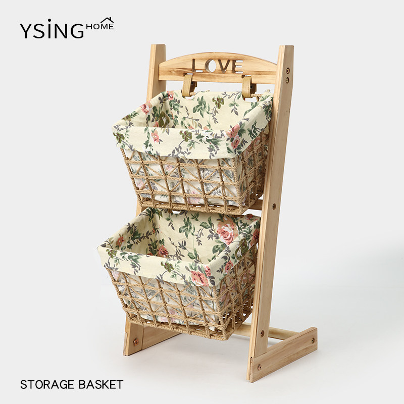 田园风实木零食收纳架多层收纳篮布艺收纳筐家用杂物落地置物架