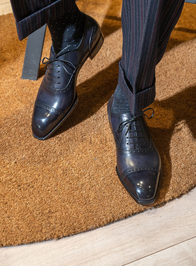 Oct Tenth手工固特异皮鞋 手缝沿条工艺灰擦色布洛克Oxford牛津鞋