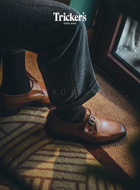 英国Trickers手工皮鞋头层小牛皮固特异英伦商务正装Monk孟克鞋男