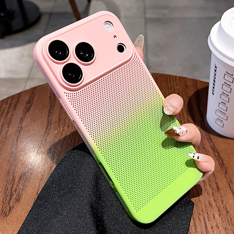 适用苹果17pro手机壳iPhone16promax渐变双色网孔散热保护套全包iPhone15简约14防摔13男女12透气por外壳网红
