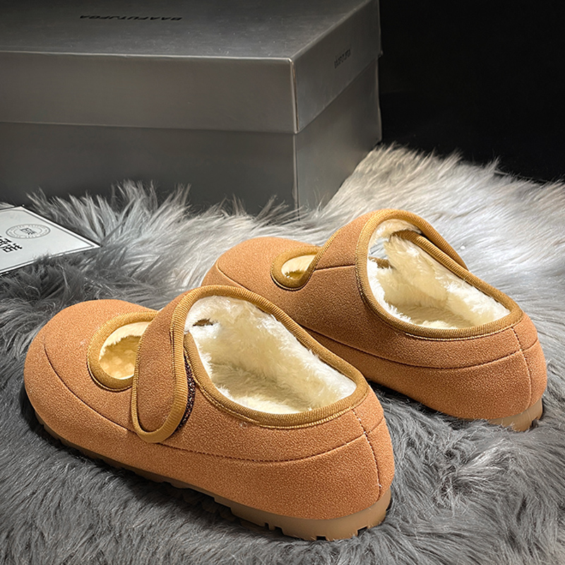 毛毛魔术贴拖鞋女款冬季2025新款玛丽珍女鞋外穿厚底加绒保暖棉鞋