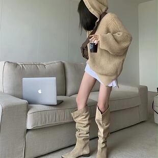 骑士靴女2025新款 长筒粗跟美拉德棕色高筒靴复古绒面褶皱堆堆长靴