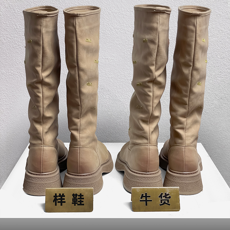 miu家爆款真皮厚底长筒靴女靴不过膝高筒骑士靴子增高显瘦瘦瘦靴