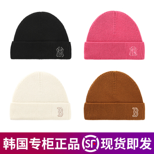 韩国正品MLB毛线帽子男女25秋冬保暖冷帽NY小侧标刺绣百搭针织帽