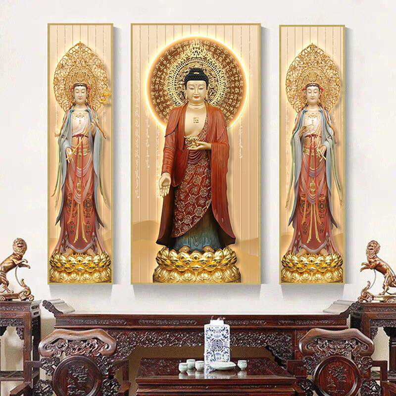 阿弥陀佛佛像装饰画家用供奉中堂桌面背景墙挂画西方三圣佛堂壁画