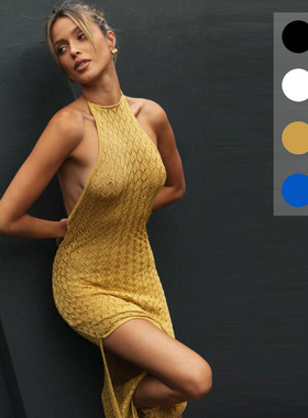 欧美风女装  优雅露背挂脖开叉度假长裙  性感镂空针织派对礼服