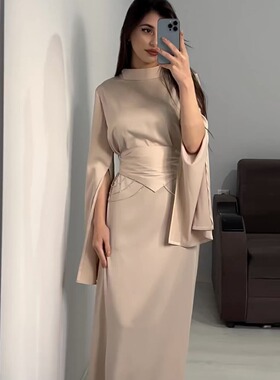 欧美亚马逊2024春季新款跨境宫廷风缎面收腰气质半高领长袖连衣裙