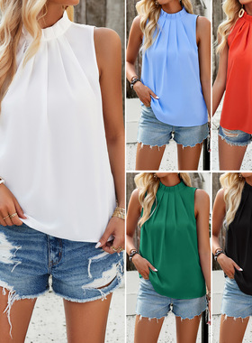 衬衫无袖上衣 White shirts blouse solid sleeveless women tops