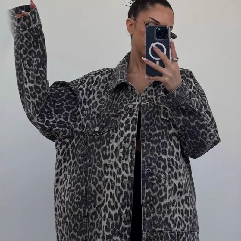 Vintage jacket mid length 休闲豹纹牛仔外套女宽松口袋纽扣