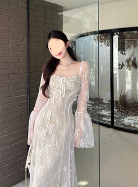 DRESS新款性感半透包臀裙 清新纯欲风气质修身蕾丝绑带连衣裙女装