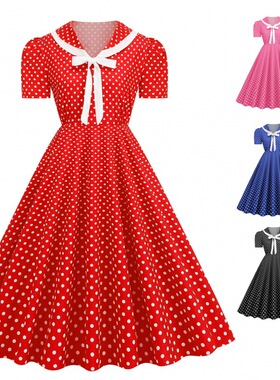 甜美气质年代感学生娃娃领收腰大摆中长款圆点波点泡泡袖连衣裙女