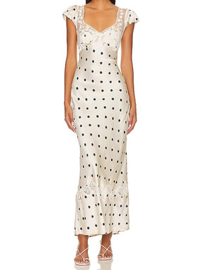 波点印花连衣裙设计感露背显瘦长裙质感仿缎面包臀裙子