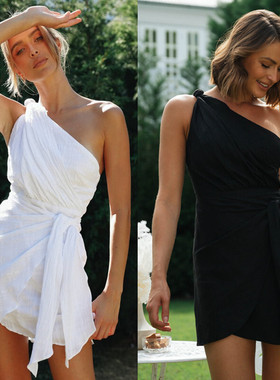 女新款纯色斜肩系腰带不规则下摆连衣裙woMen's sleeveless dress