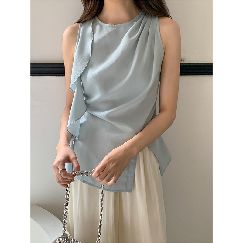 【歌铭】设计感不对称荷叶边背心女2025夏季女装无袖上衣初秋上衣