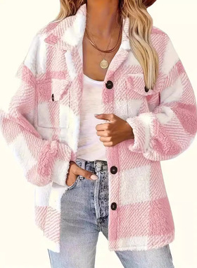 Women's autumn and winter plaid lamb jacket with pockets, pl