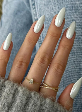 芭蕾风穿戴甲欧美风简约纯色美甲白色穿戴甲气质时尚杏仁甲水滴甲