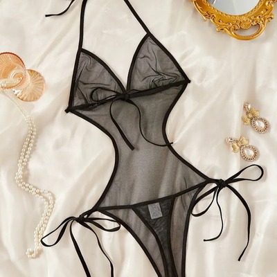 内衣泳衣泳装女士性感透视网纱连体三点式绑带比基尼套装