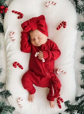 2024款圣诞新年女宝宝婴儿连体衣爬服华夫格ins Waffle Ruffle Zi