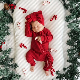 2024款圣诞新年女宝宝婴儿连体衣爬服华夫格ins Waffle Ruffle Zi