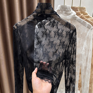 小衫 高级薄纱长袖 高端网1219e 女2025新款 黑色堆堆高领蕾丝打底衫