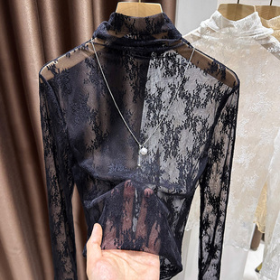 高级感堆堆高领蕾丝打底衫 薄纱镂空网纱上衣内搭洋1219e 女秋冬季