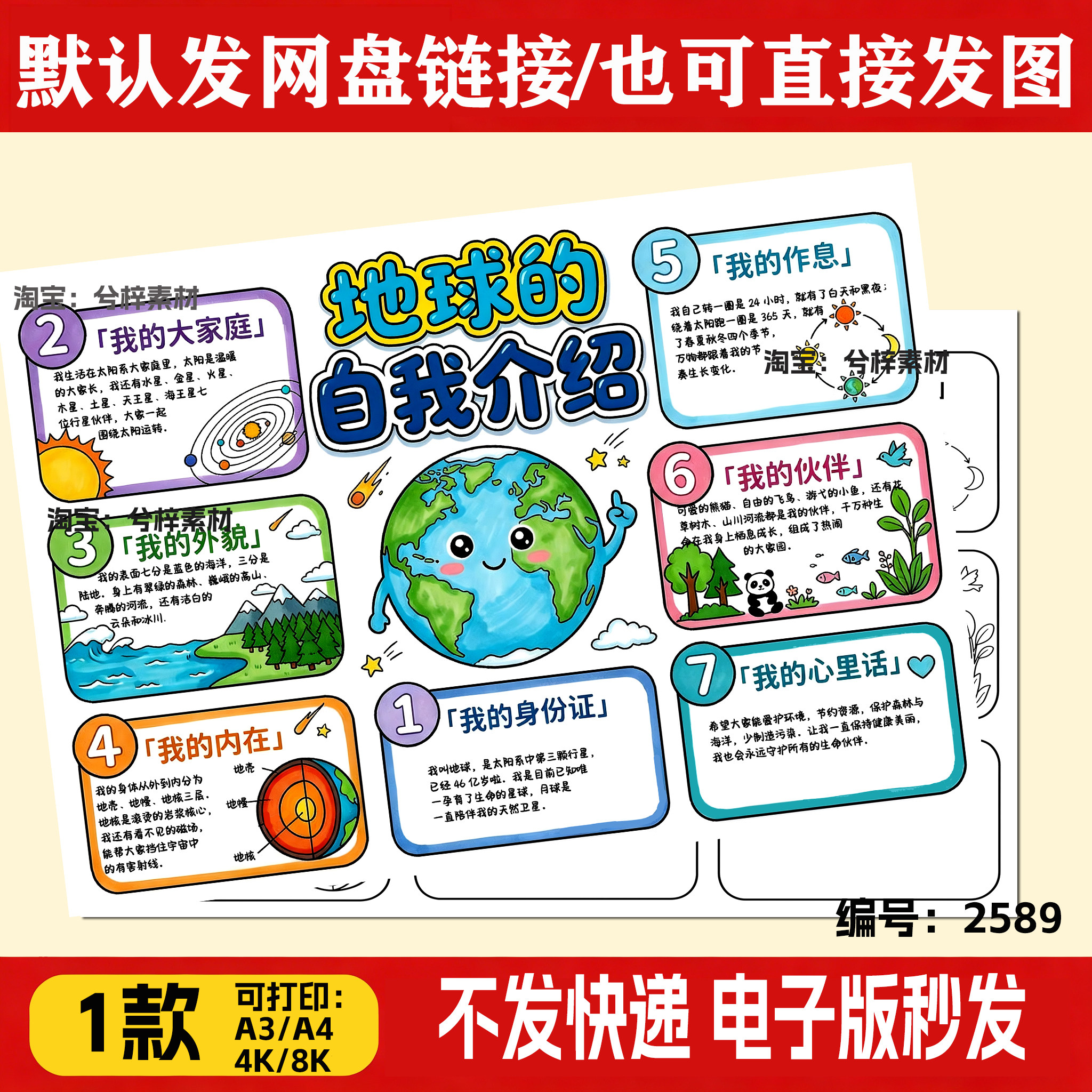 地球的自我介绍手抄报半成品中小学生认识地球涂色电子线稿可打印