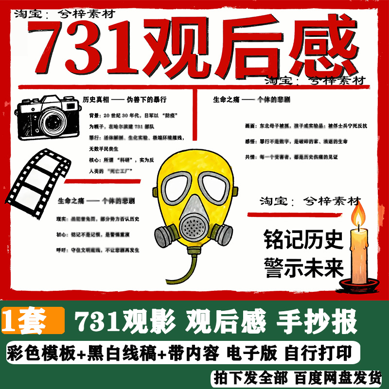 电影731主题观影观后感手抄报绘画黑白线稿图可打印涂色电子版