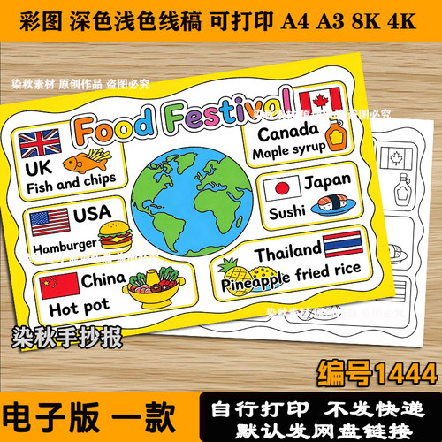 世界美食Food Festival手抄报三年级下册英语一单元可打印A4线稿