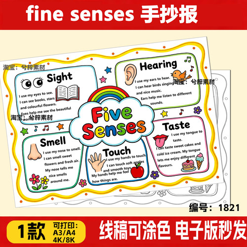 三年级下册我的五感英语手抄报模版fives senses思维导图黑白线稿