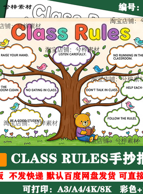 英文英语小报手抄报Class Rules班级规则手抄报电子模版黑白线稿