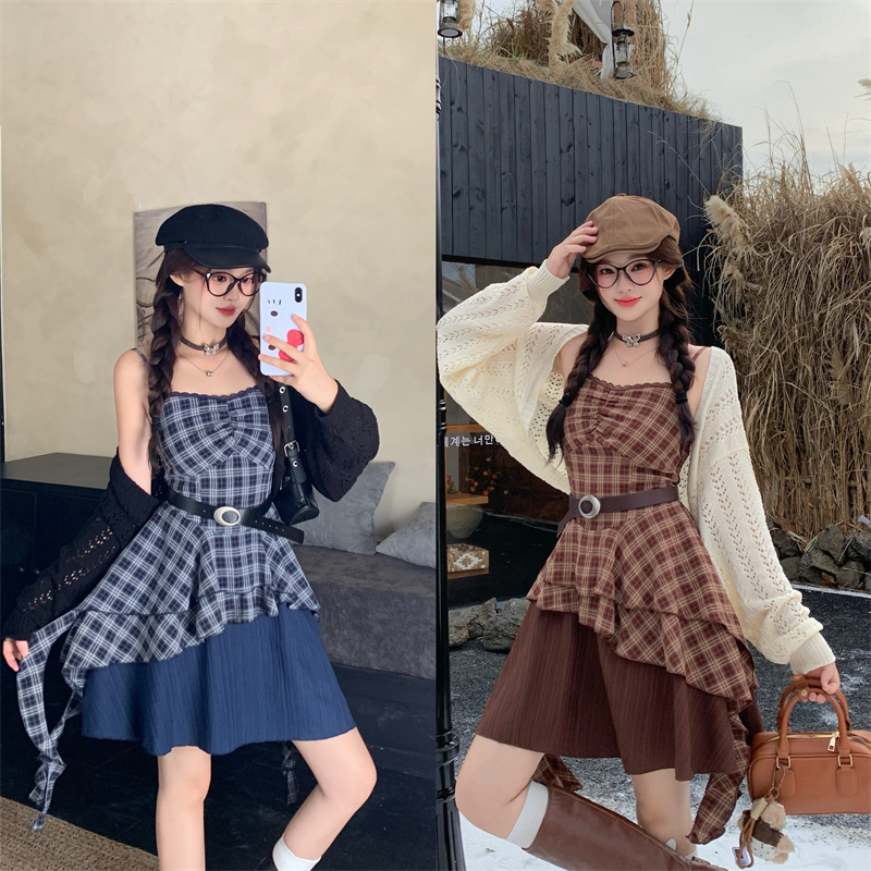 实拍 胖mm韩系格纹女秋季新款收腰显瘦不规则吊带裙