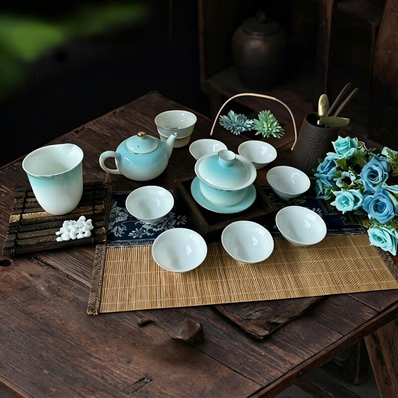 德化羊脂玉白瓷渐变兰茶杯套装