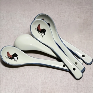 家用商用加长汤勺陶瓷公鸡图釉下彩调羹大碗喝汤直柄长勺粉面餐厅