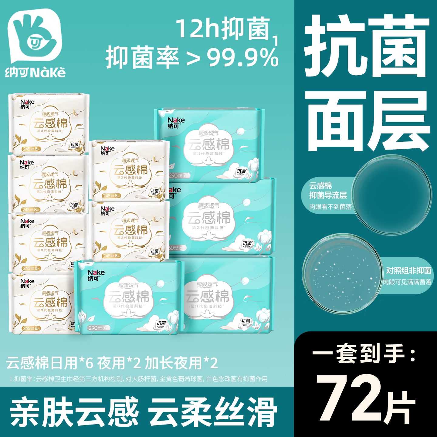 【新国标】纳可卫生巾女10包72片日夜用组合装超薄姨妈巾棉整箱