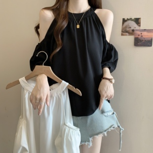 泡泡袖 实拍挂脖绑带短袖 设计感法式 女夏2025新款 衬衣露肩上衣 衬衫