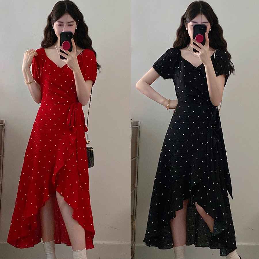 实拍大码女装黑色红色波点花裙肌理感不规则裙摆A字裙短袖连衣裙