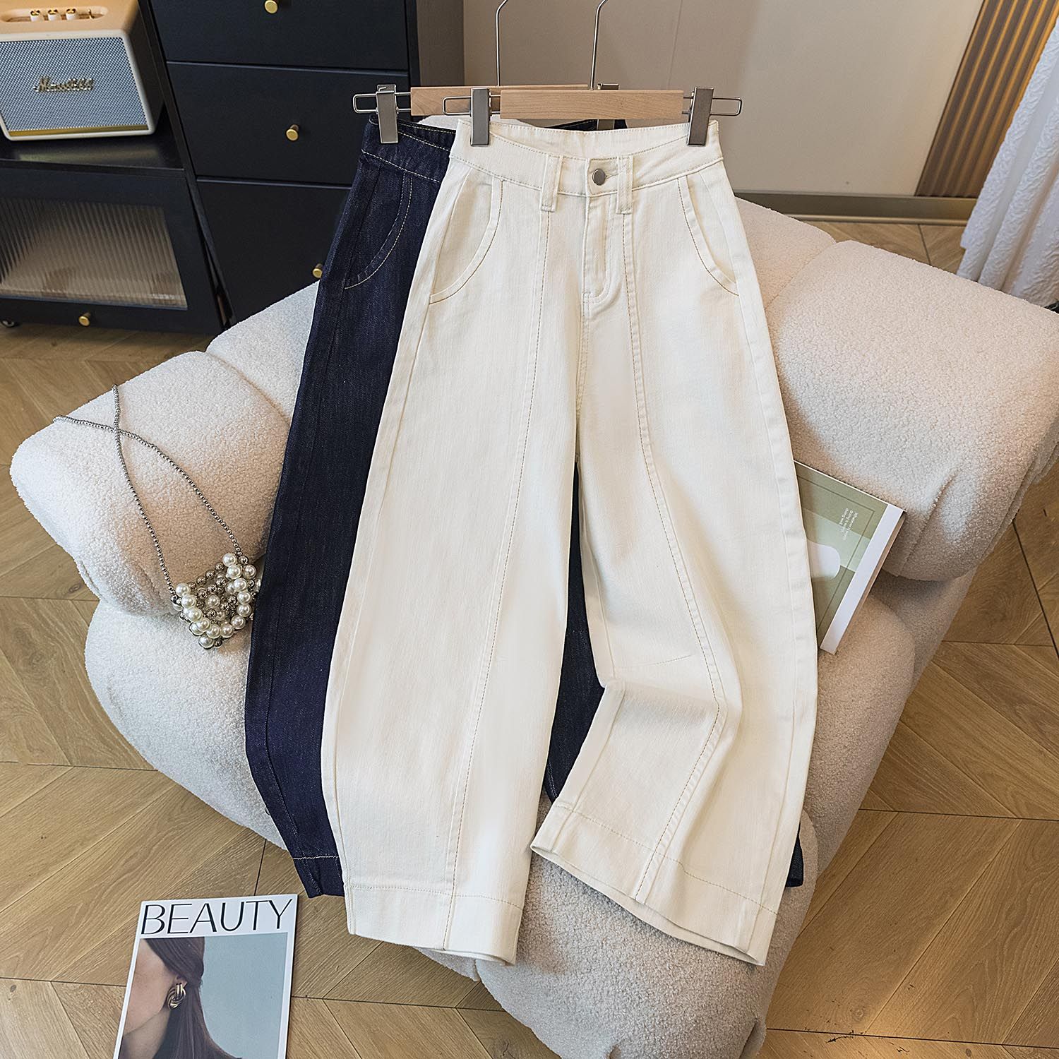 2025秋季新款女显瘦高腰宽松梨型身材直筒牛仔裤九分裤窄版阔腿裤