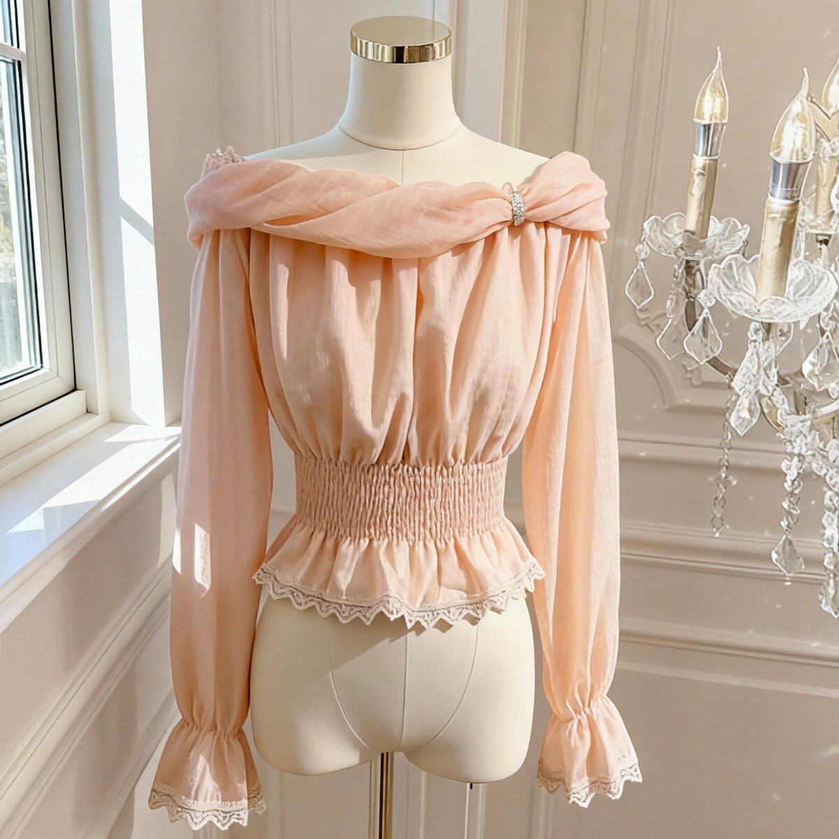 实价已保护 荷叶边雪纺衬衫喇叭袖法式一字肩上衣蕾丝打底衫女