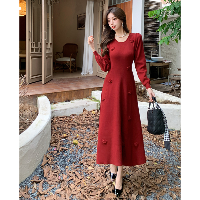 实拍法式复古浪漫立体花朵装饰泡泡长袖针织连衣裙女秋冬长裙